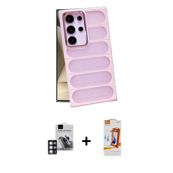 MARSİLYAN™- Galaxy S24 Ultra Kılıf Yadigar Doku Özel Seri - Siyah AutoKit 5in1 Fiber Polymer Nano Ekran Koruyucu + PVD Metal Kamera Lens - PE