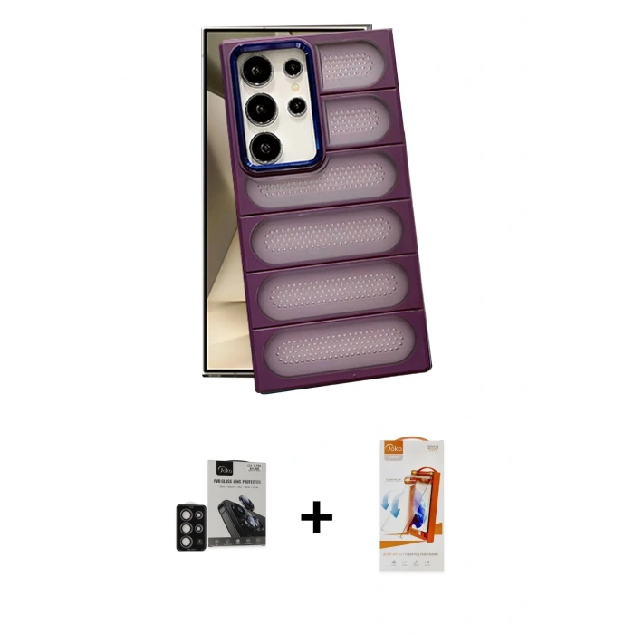 MARSİLYAN™- Galaxy S24 Ultra Kılıf Yadigar Doku Özel Seri - Siyah AutoKit 5in1 Fiber Polymer Nano Ekran Koruyucu + PVD Metal Kamera Lens - DNMR