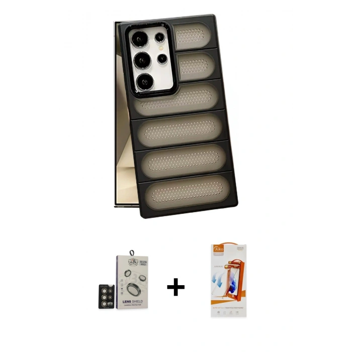 MARSİLYAN™- Galaxy S24 Ultra Kılıf Yadigar Doku Özel Seri - Siyah AutoKit 5in1 Fiber Polymer Nano Ekran Koruyucu + Bilvis Titan Kamera Lens - GD