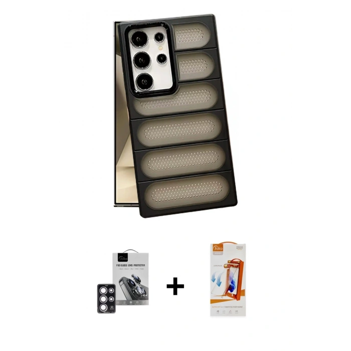 MARSİLYAN™- Galaxy S24 Ultra Kılıf Yadigar Doku Özel Seri - Siyah AutoKit 5in1 Fiber Polymer Nano Ekran Koruyucu + PVD Metal Kamera Lens - PE