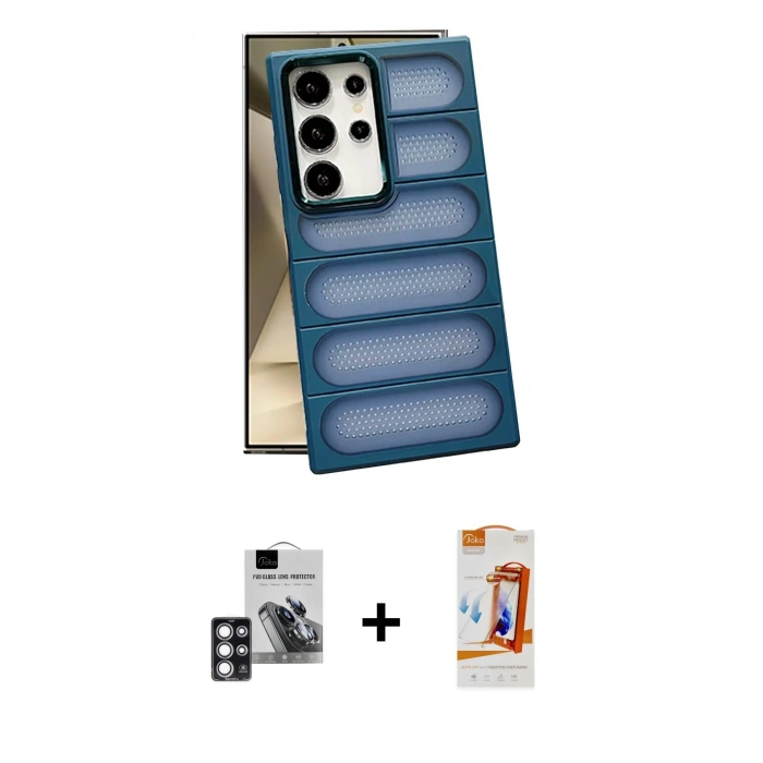 MARSİLYAN™- Galaxy S24 Ultra Kılıf Yadigar Doku Özel Seri - Siyah AutoKit 5in1 Fiber Polymer Nano Ekran Koruyucu + PVD Metal Kamera Lens - PE