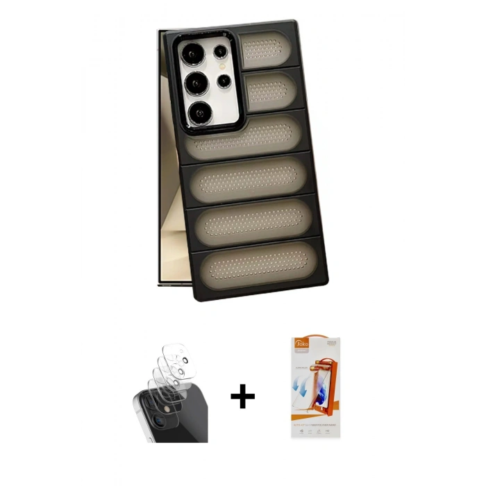 MARSİLYAN™- Galaxy S24 Ultra Kılıf Yadigar Doku Özel Seri - Siyah AutoKit 5in1 Fiber Polymer Nano Ekran Koruyucu + Kamera Lens Koruma Cam - SF