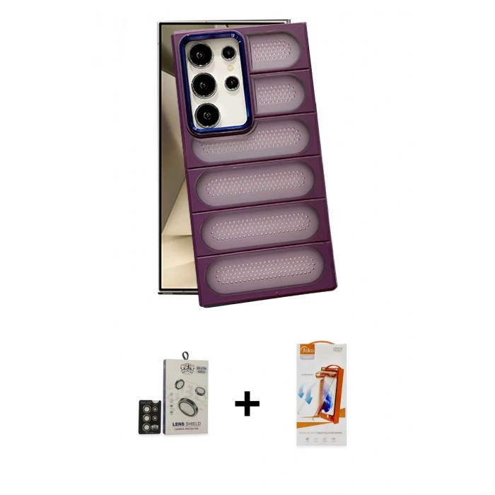 MARSİLYAN™- Galaxy S24 Ultra Kılıf Yadigar Doku Özel Seri - Siyah AutoKit 5in1 Fiber Polymer Nano Ekran Koruyucu + Bilvis Titan Kamera Lens - GD