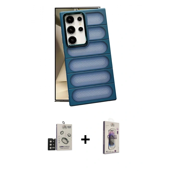 MARSİLYAN™- Galaxy S24 Ultra Kılıf Yadigar Doku Özel Seri - Siyah Bilvis 3D Cam Ekran Koruyucu + Bilvis Titan Kamera Lens - SH