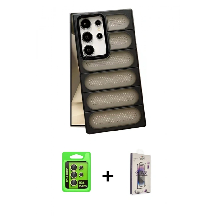 MARSİLYAN™- Galaxy S24 Ultra Kılıf Yadigar Doku Özel Seri - Siyah Bilvis 3D Cam Ekran Koruyucu + Raze Metal Kamera Lens - SI