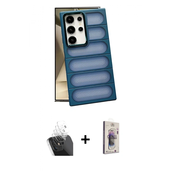 MARSİLYAN™- Galaxy S24 Ultra Kılıf Yadigar Doku Özel Seri - Siyah Bilvis 3D Cam Ekran Koruyucu + Kamera Lens Koruma Cam - SF