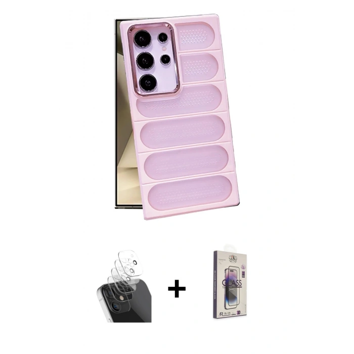 MARSİLYAN™- Galaxy S24 Ultra Kılıf Yadigar Doku Özel Seri - Siyah Bilvis 3D Cam Ekran Koruyucu + Kamera Lens Koruma Cam - SF