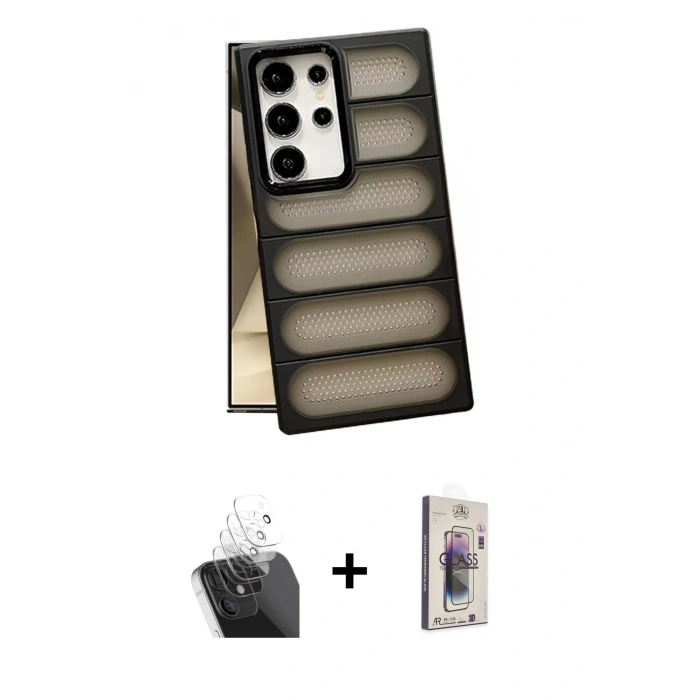 MARSİLYAN™- Galaxy S24 Ultra Kılıf Yadigar Doku Özel Seri - Siyah Bilvis 3D Cam Ekran Koruyucu + Kamera Lens Koruma Cam - SF