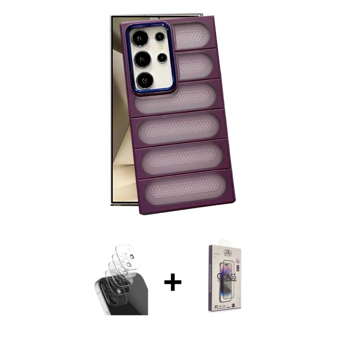 MARSİLYAN™- Galaxy S24 Ultra Kılıf Yadigar Doku Özel Seri - Siyah Bilvis 3D Cam Ekran Koruyucu + Kamera Lens Koruma Cam - SF