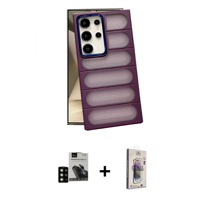 MARSİLYAN™- Galaxy S24 Ultra Kılıf Yadigar Doku Özel Seri - Siyah Bilvis 3D Cam Ekran Koruyucu + PVD Metal Kamera Lens - SH