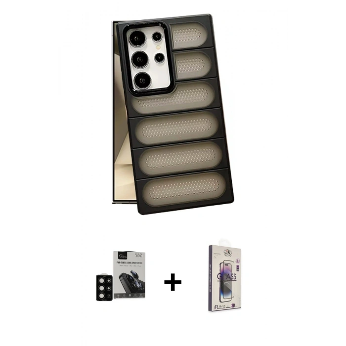 MARSİLYAN™- Galaxy S24 Ultra Kılıf Yadigar Doku Özel Seri - Siyah Bilvis 3D Cam Ekran Koruyucu + PVD Metal Kamera Lens - SH