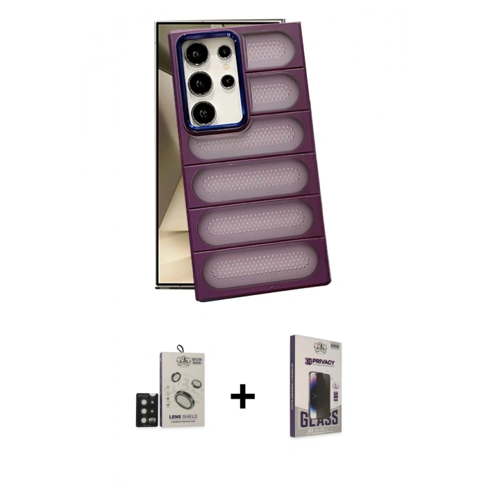 MARSİLYAN™- Galaxy S24 Ultra Kılıf Yadigar Doku Özel Seri - Siyah Bilvis Hayalet Cam Ekran Koruyucu + Bilvis Titan Kamera Lens - SH
