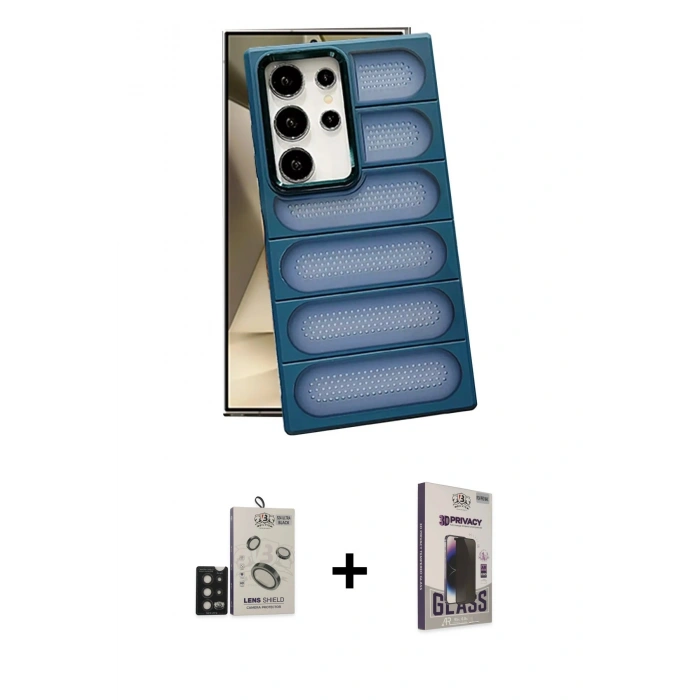 MARSİLYAN™- Galaxy S24 Ultra Kılıf Yadigar Doku Özel Seri - Siyah Bilvis Hayalet Cam Ekran Koruyucu + Bilvis Titan Kamera Lens - SH