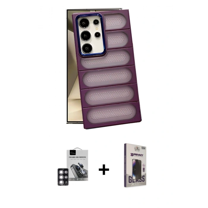 MARSİLYAN™- Galaxy S24 Ultra Kılıf Yadigar Doku Özel Seri - Siyah Bilvis Hayalet Cam Ekran Koruyucu + PVD Metal Kamera Lens - PE