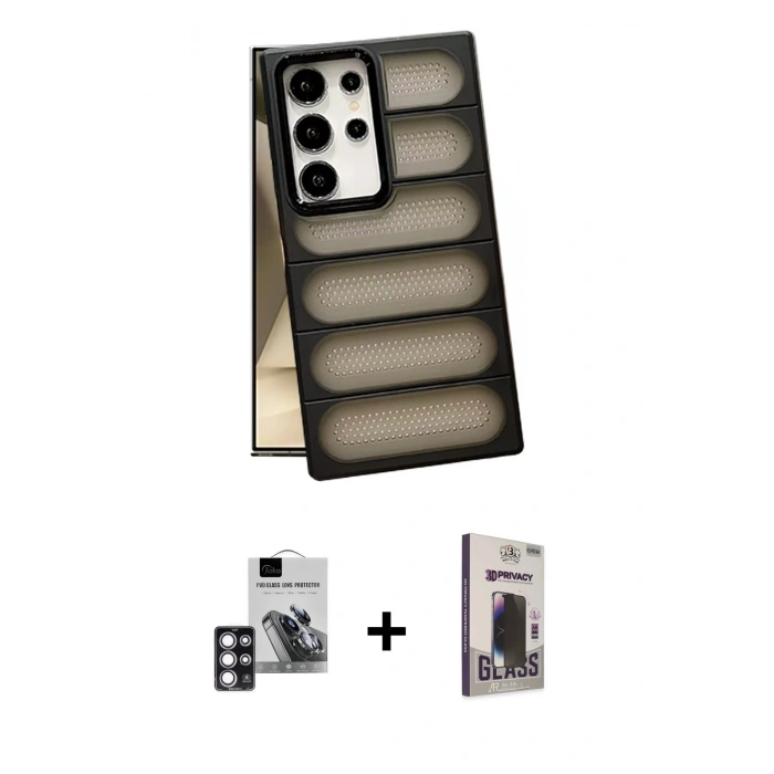 MARSİLYAN™- Galaxy S24 Ultra Kılıf Yadigar Doku Özel Seri - Siyah Bilvis Hayalet Cam Ekran Koruyucu + PVD Metal Kamera Lens - PE