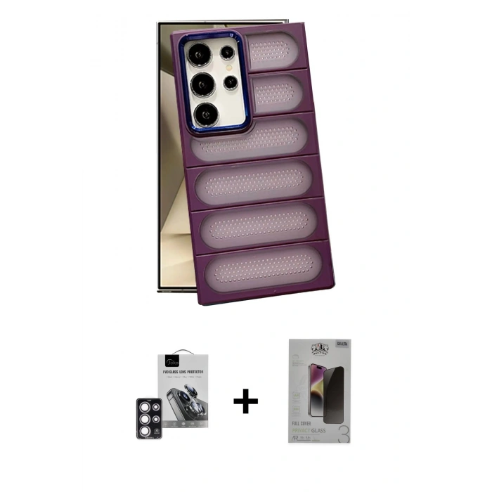 MARSİLYAN™- Galaxy S24 Ultra Kılıf Yadigar Doku Özel Seri - Siyah Bilvis Hayalet Cam Ekran Koruyucu + PVD Metal Kamera Lens - PE