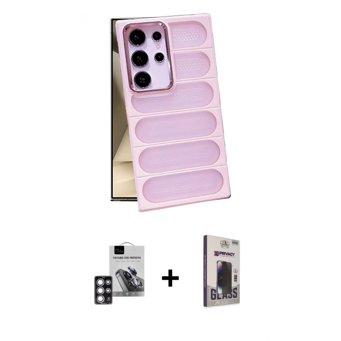 MARSİLYAN™- Galaxy S24 Ultra Kılıf Yadigar Doku Özel Seri - Siyah Bilvis Hayalet Cam Ekran Koruyucu + PVD Metal Kamera Lens - PE