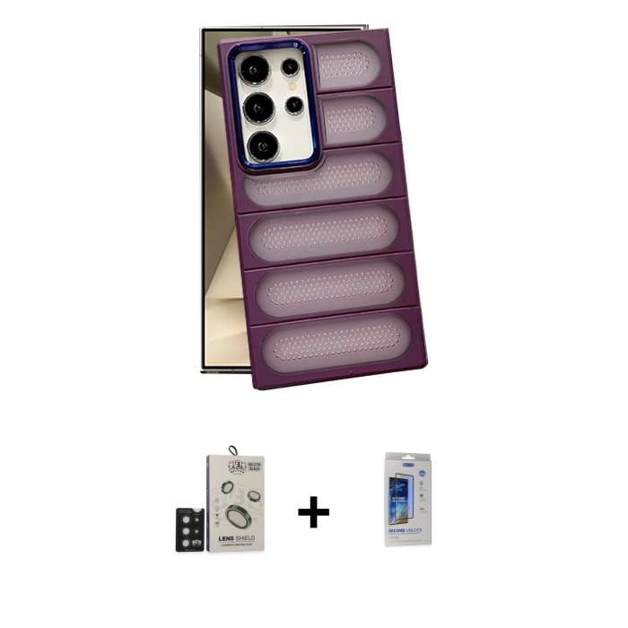 MARSİLYAN™- Galaxy S24 Ultra Kılıf Yadigar Doku Özel Seri - Siyah Durable Full Glue Curved Cam + Bilvis Titan Kamera Lens - SH