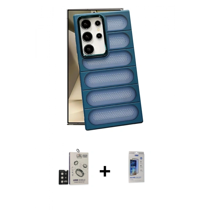 MARSİLYAN™- Galaxy S24 Ultra Kılıf Yadigar Doku Özel Seri - Siyah Durable Full Glue Curved Cam + Bilvis Titan Kamera Lens - SH