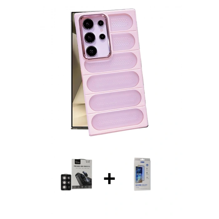 MARSİLYAN™- Galaxy S24 Ultra Kılıf Yadigar Doku Özel Seri - Siyah Durable Full Glue Curved Cam + Derin Mor PVD Metal Kamera Lens