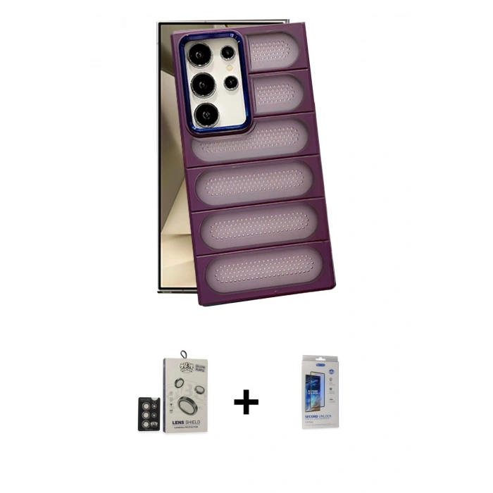 MARSİLYAN™- Galaxy S24 Ultra Kılıf Yadigar Doku Özel Seri - Siyah Durable Full Glue Curved Cam + Bilvis Titan Kamera Lens - DNMR