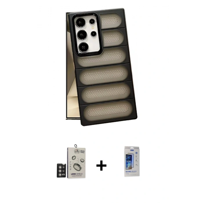 MARSİLYAN™- Galaxy S24 Ultra Kılıf Yadigar Doku Özel Seri - Siyah Durable Full Glue Curved Cam + Bilvis Titan Kamera Lens - DNMR