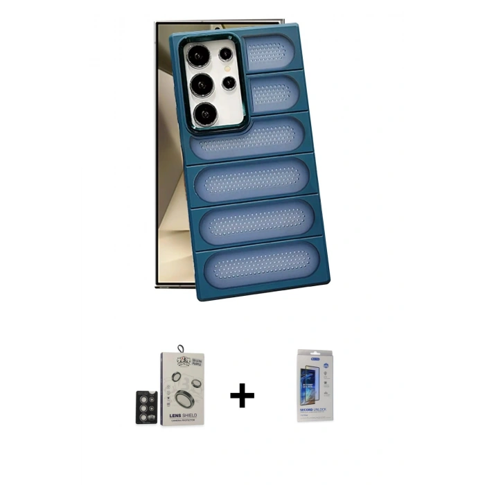 MARSİLYAN™- Galaxy S24 Ultra Kılıf Yadigar Doku Özel Seri - Siyah Durable Full Glue Curved Cam + Bilvis Titan Kamera Lens - DNMR
