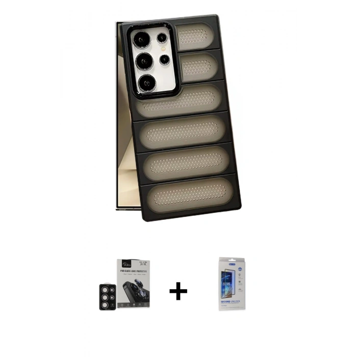 MARSİLYAN™- Galaxy S24 Ultra Kılıf Yadigar Doku Özel Seri - Siyah Durable Full Glue Curved Cam + Derin Mor PVD Metal Kamera Lens
