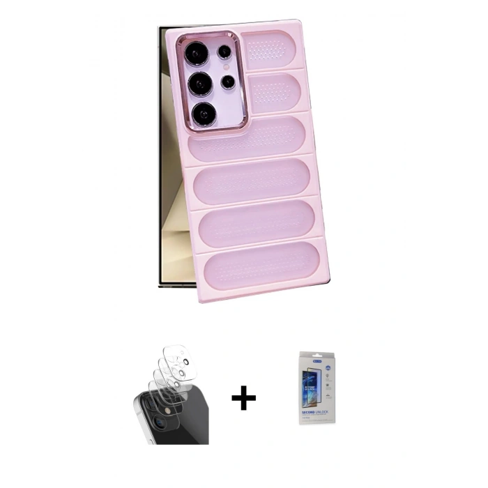 MARSİLYAN™- Galaxy S24 Ultra Kılıf Yadigar Doku Özel Seri - Siyah Durable Full Glue Curved Cam + Kamera Lens Koruma Cam - SF