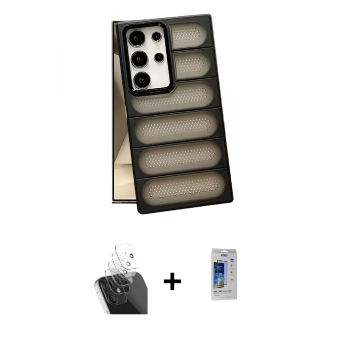 MARSİLYAN™- Galaxy S24 Ultra Kılıf Yadigar Doku Özel Seri - Siyah Durable Full Glue Curved Cam + Kamera Lens Koruma Cam - SF