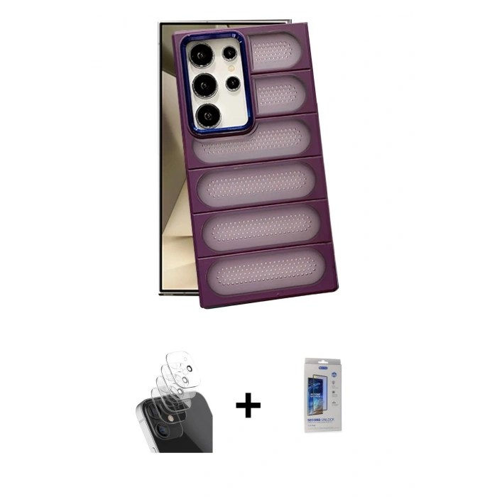 MARSİLYAN™- Galaxy S24 Ultra Kılıf Yadigar Doku Özel Seri - Siyah Durable Full Glue Curved Cam + Kamera Lens Koruma Cam - SF