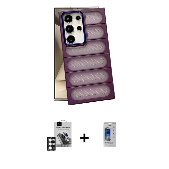 MARSİLYAN™- Galaxy S24 Ultra Kılıf Yadigar Doku Özel Seri - Siyah Durable Full Glue Curved Cam + PVD Metal Kamera Lens - PE