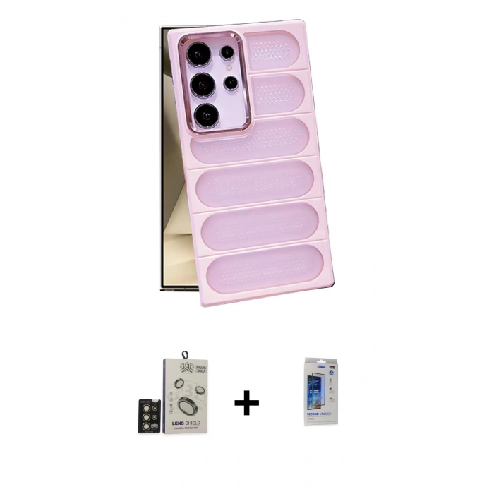 MARSİLYAN™- Galaxy S24 Ultra Kılıf Yadigar Doku Özel Seri - Siyah Durable Full Glue Curved Hayalet Cam + Bilvis Titan Kamera Lens - GD
