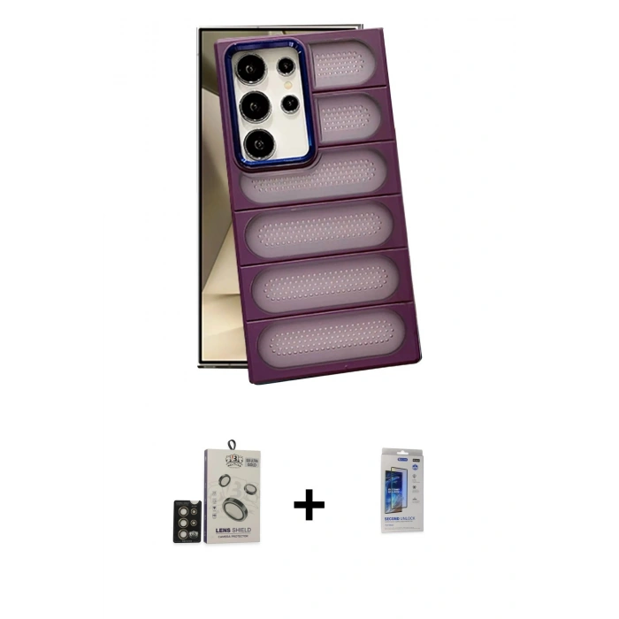 MARSİLYAN™- Galaxy S24 Ultra Kılıf Yadigar Doku Özel Seri - Siyah Durable Full Glue Curved Hayalet Cam + Bilvis Titan Kamera Lens - GD