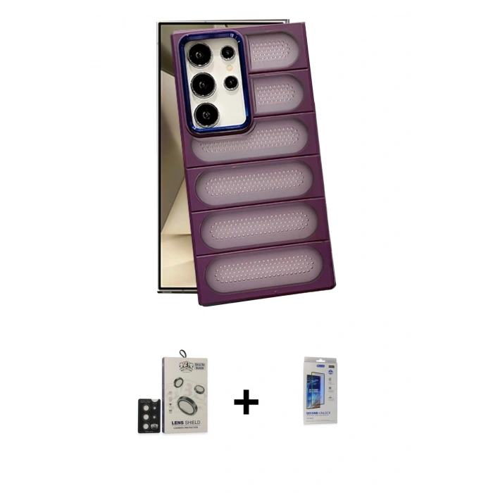 MARSİLYAN™- Galaxy S24 Ultra Kılıf Yadigar Doku Özel Seri - Siyah Durable Full Glue Curved Hayalet Cam + Bilvis Titan Kamera Lens - SH