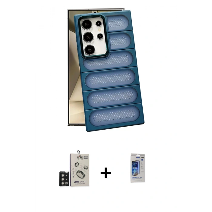 MARSİLYAN™- Galaxy S24 Ultra Kılıf Yadigar Doku Özel Seri - Siyah Durable Full Glue Curved Hayalet Cam + Bilvis Titan Kamera Lens - SH