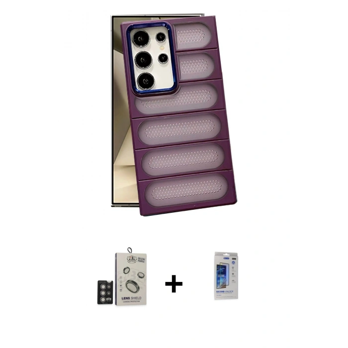 MARSİLYAN™- Galaxy S24 Ultra Kılıf Yadigar Doku Özel Seri - Siyah Durable Full Glue Curved Hayalet Cam + Bilvis Titan Kamera Lens - DNMR
