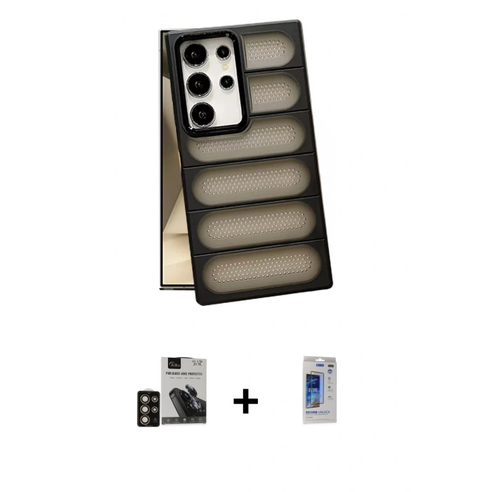 MARSİLYAN™- Galaxy S24 Ultra Kılıf Yadigar Doku Özel Seri - Siyah Durable Full Glue Curved Hayalet Cam + PVD Metal Kamera Lens - GD