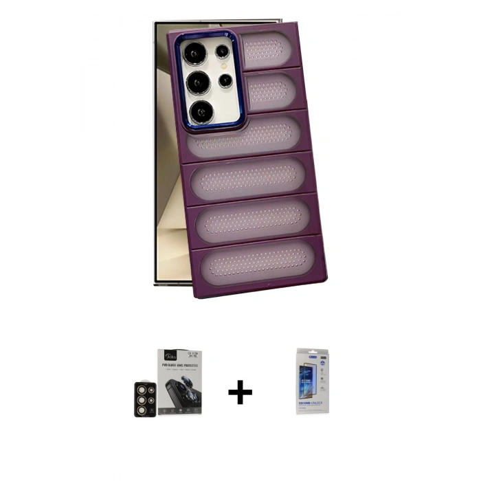 MARSİLYAN™- Galaxy S24 Ultra Kılıf Yadigar Doku Özel Seri - Siyah Durable Full Glue Curved Hayalet Cam + PVD Metal Kamera Lens - GD