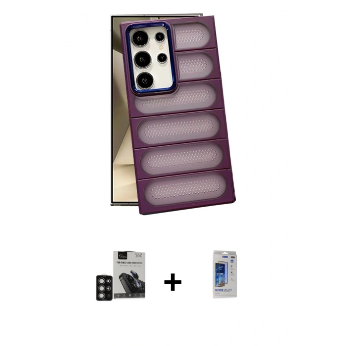MARSİLYAN™- Galaxy S24 Ultra Kılıf Yadigar Doku Özel Seri - Siyah Durable Full Glue Curved Hayalet Cam + PVD Metal Kamera Lens - DNMR