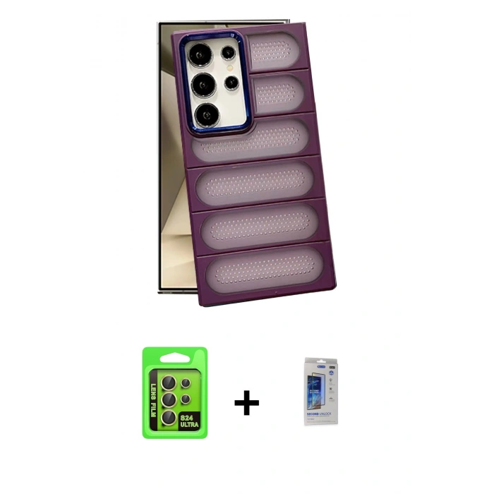 MARSİLYAN™- Galaxy S24 Ultra Kılıf Yadigar Doku Özel Seri - Siyah Durable Full Glue Curved Hayalet Cam + Raze Metal Kamera Lens - SI