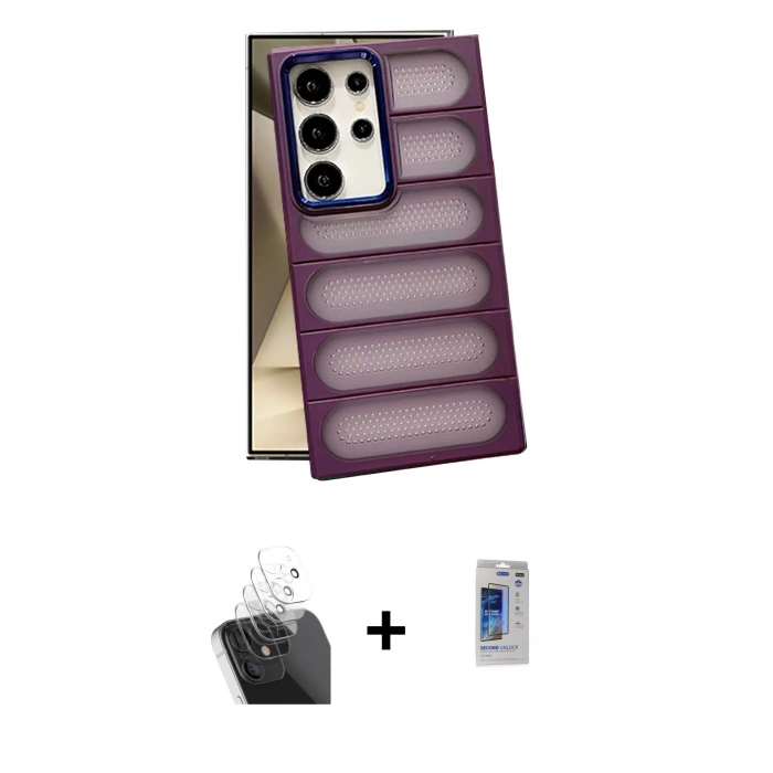 MARSİLYAN™- Galaxy S24 Ultra Kılıf Yadigar Doku Özel Seri - Siyah Durable Full Glue Curved Hayalet Cam + Şeffaf Kamera Lens Koruma Cam