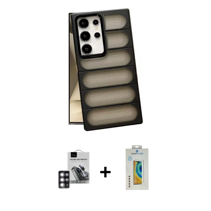 MARSİLYAN™- Galaxy S24 Ultra Kılıf Yadigar Doku Özel Seri - Siyah Polymer Nano Ekran Koruyucu + PVD Metal Kamera Lens - PE
