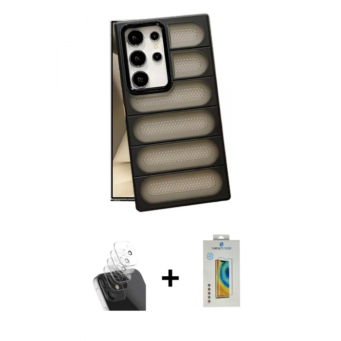 MARSİLYAN™- Galaxy S24 Ultra Kılıf Yadigar Doku Özel Seri - Siyah Polymer Nano Ekran Koruyucu + Kamera Lens Koruma Cam - SF