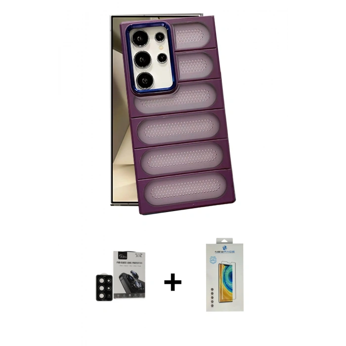 MARSİLYAN™- Galaxy S24 Ultra Kılıf Yadigar Doku Özel Seri - Siyah Polymer Nano Ekran Koruyucu + PVD Metal Kamera Lens - SH