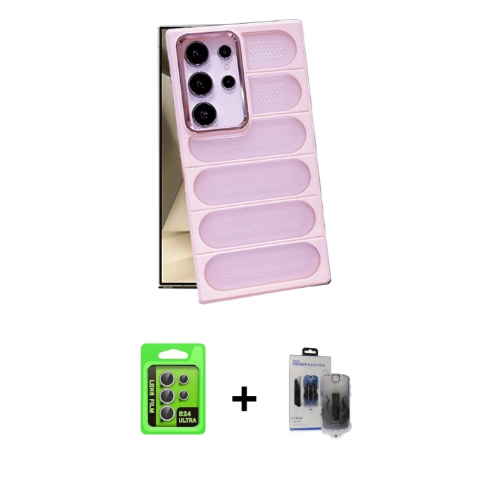 MARSİLYAN™- Galaxy S24 Ultra Kılıf Yadigar Doku Özel Seri - Siyah Vanessa Magic Hayalet Cam + Raze Metal Kamera Lens - GS