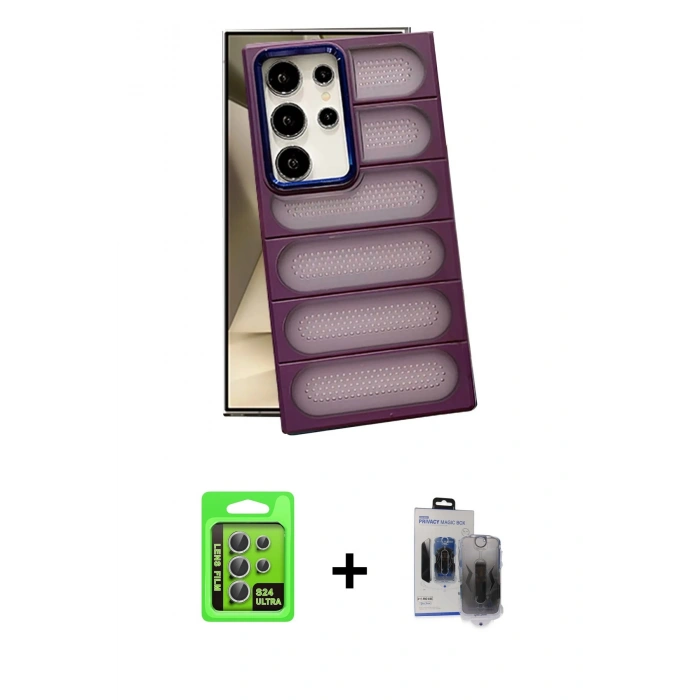 MARSİLYAN™- Galaxy S24 Ultra Kılıf Yadigar Doku Özel Seri - Siyah Vanessa Magic Hayalet Cam + Raze Metal Kamera Lens - GS