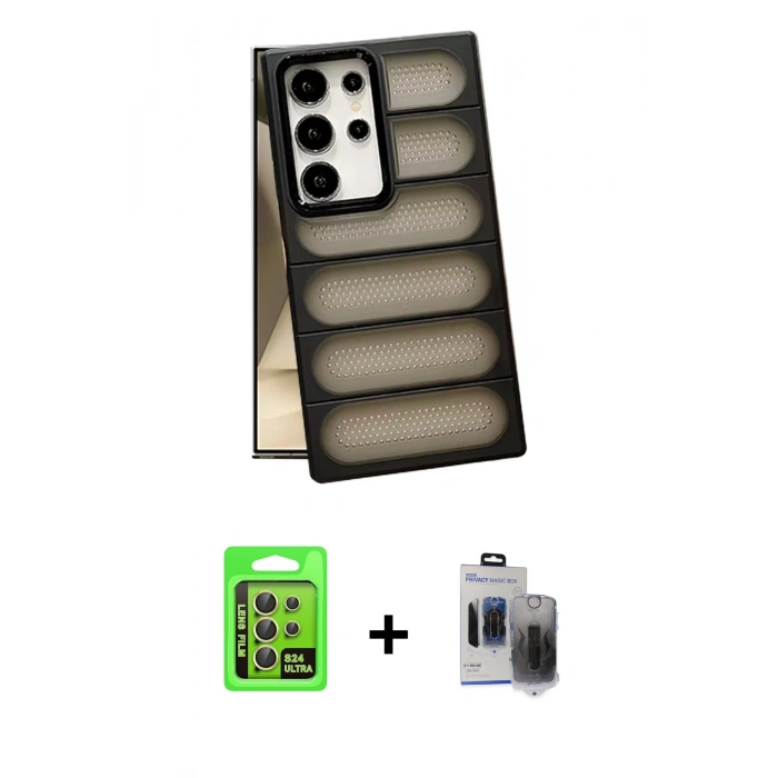 MARSİLYAN™- Galaxy S24 Ultra Kılıf Yadigar Doku Özel Seri - Siyah Vanessa Magic Hayalet Cam + Raze Metal Kamera Lens - SI