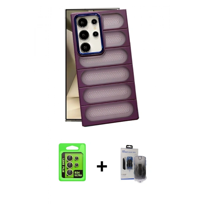 MARSİLYAN™- Galaxy S24 Ultra Kılıf Yadigar Doku Özel Seri - Siyah Vanessa Magic Hayalet Cam + Raze Metal Kamera Lens - SI