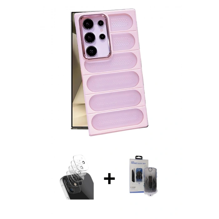 MARSİLYAN™- Galaxy S24 Ultra Kılıf Yadigar Doku Özel Seri - Siyah Vanessa Magic Hayalet Cam + Kamera Lens Koruma Cam - SF